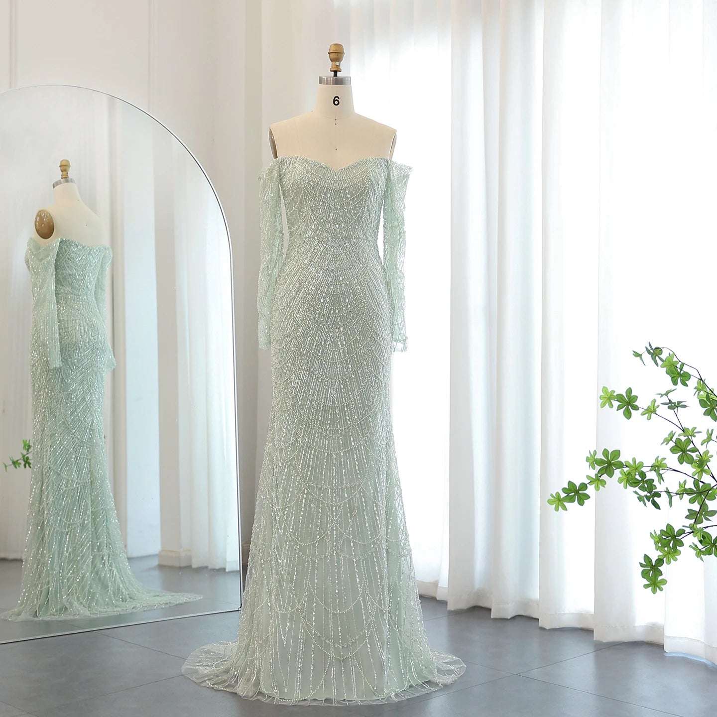 Amani - Sage Green Crystal Evening Dress