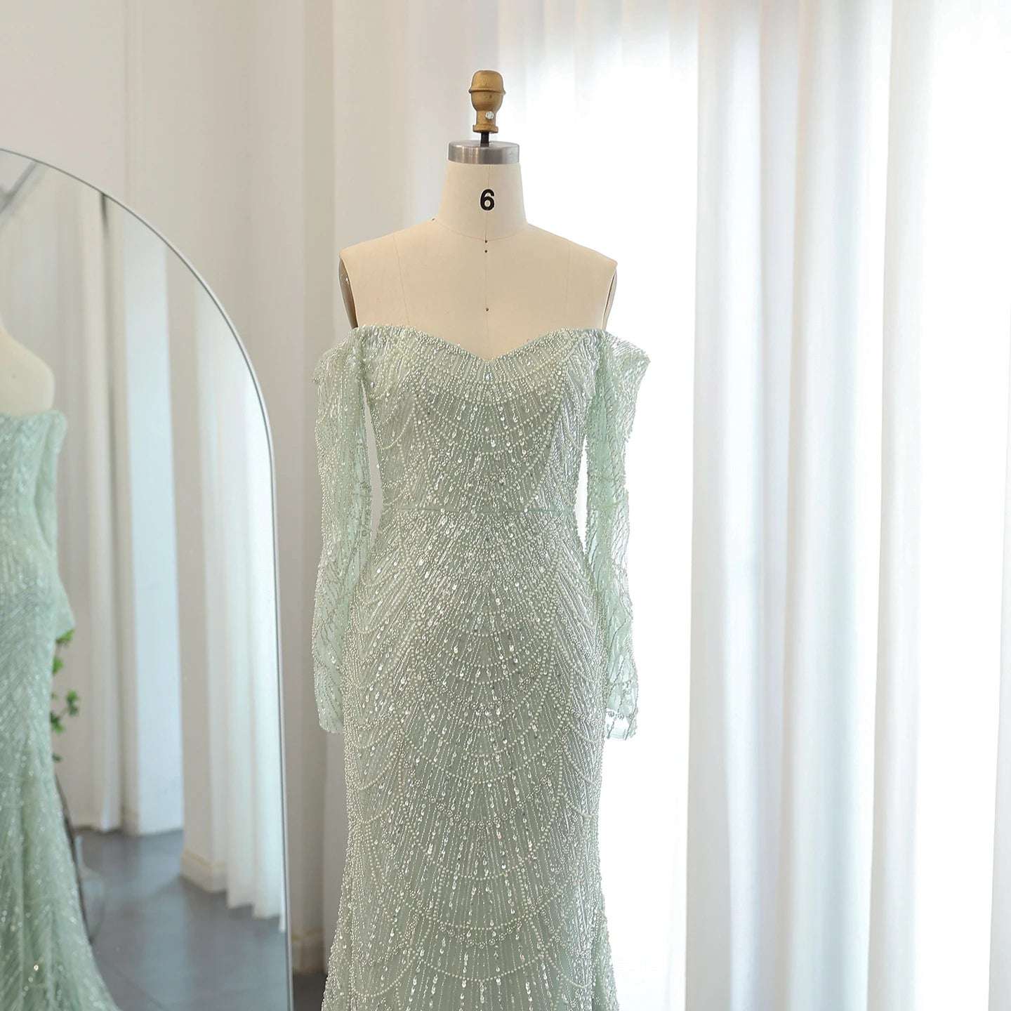 Amani - Sage Green Crystal Evening Dress