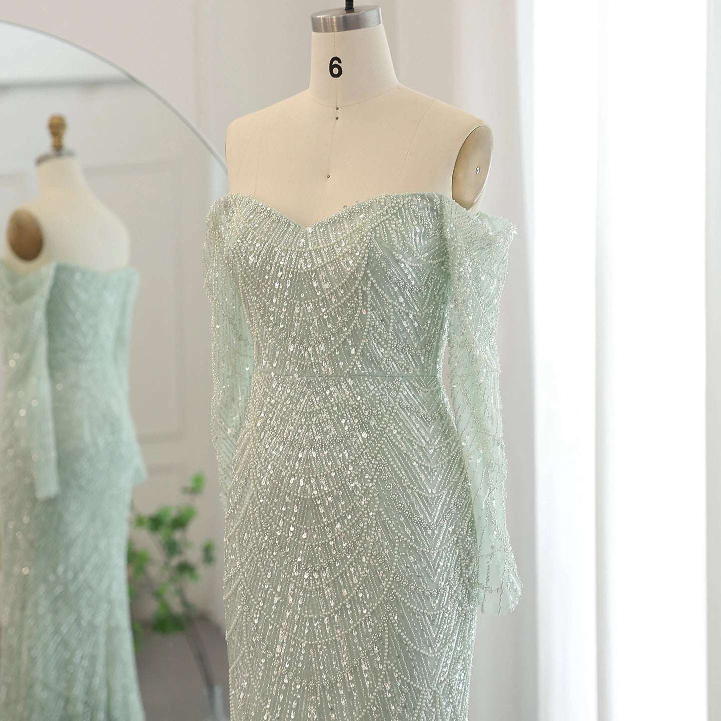 Amani - Sage Green Crystal Evening Dress