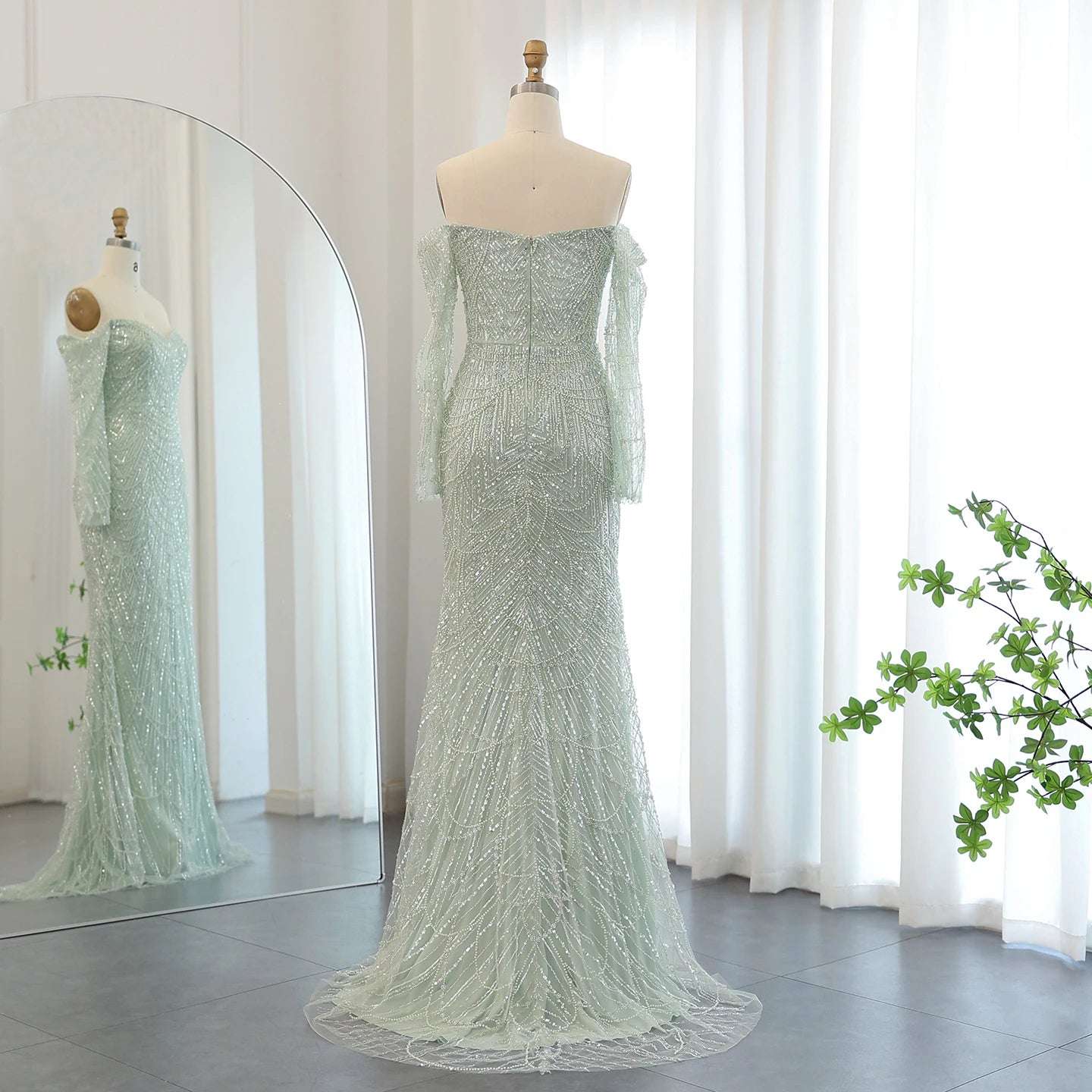 Amani - Sage Green Crystal Evening Dress