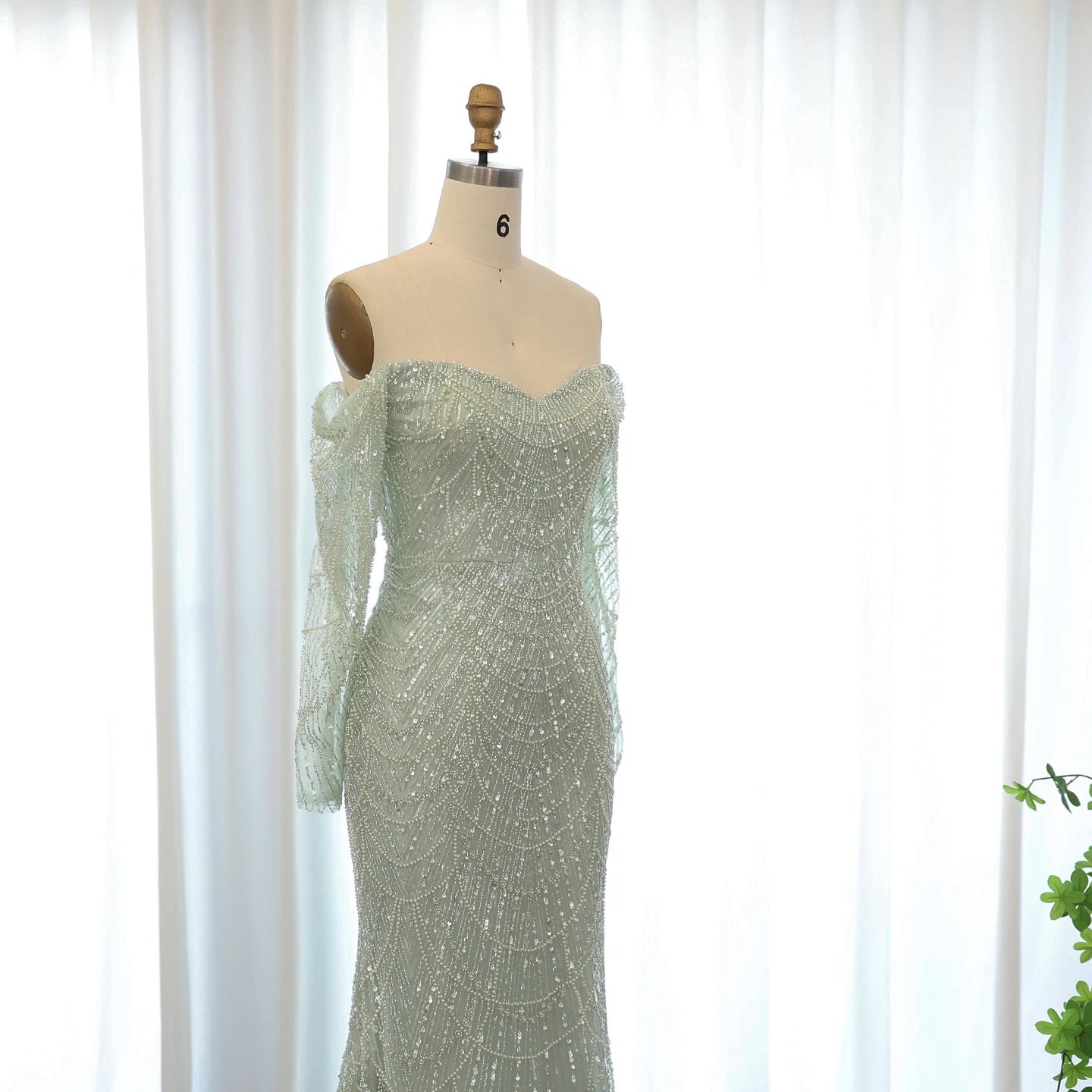 Amani - Sage Green Crystal Evening Dress - Asiyah Dresses