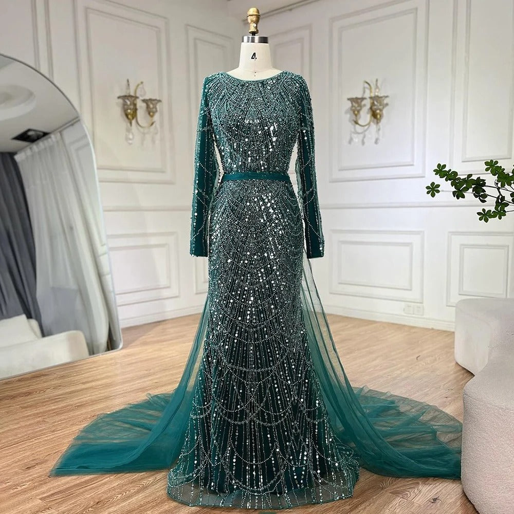 Green Modest Bridal Nikkah Wedding Dress Dubai-Inspired Evening Dress with  Sequin and Detachable Skirt Long Sleeve Maxi Dress- 2024 New Arrival for  Arabic Women's Wedding & Prom  Asiyah Dresses