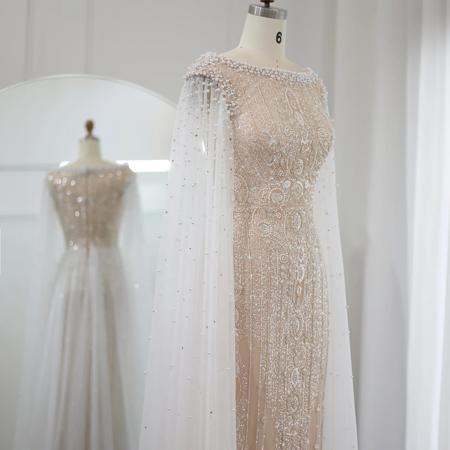 Fatima Dress - Bridal Pearl Cape Dress - Asiyah Dresses