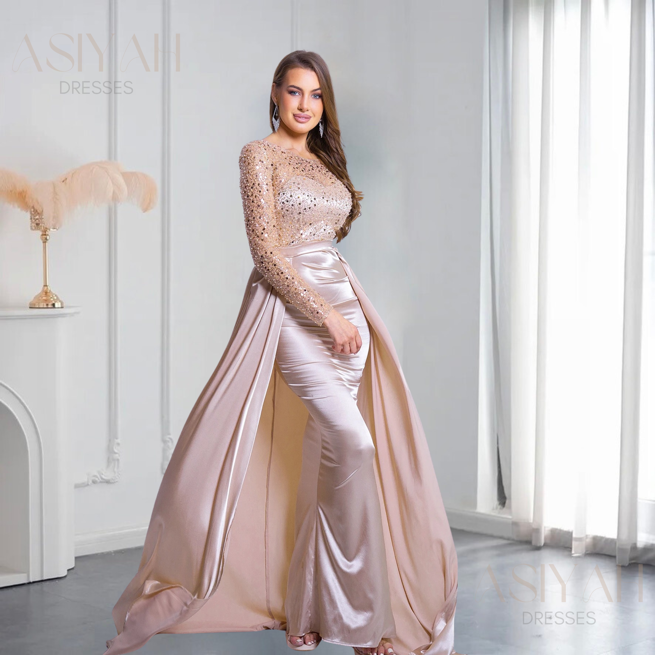 Sarah Pearl Embellished Gown With Long Sleeves - Asiyah Dresses