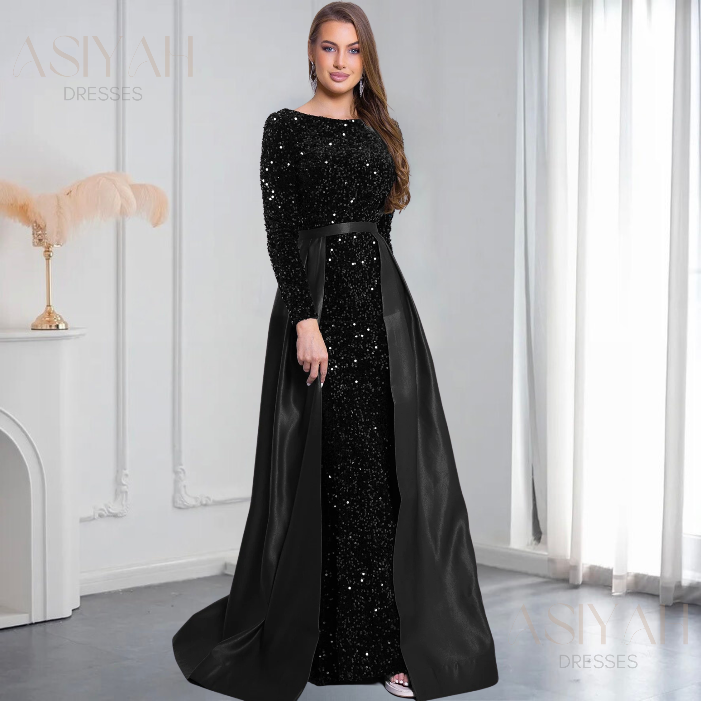 Sequin Embellished Gown With Detachable Skirt - Asiyah Dresses