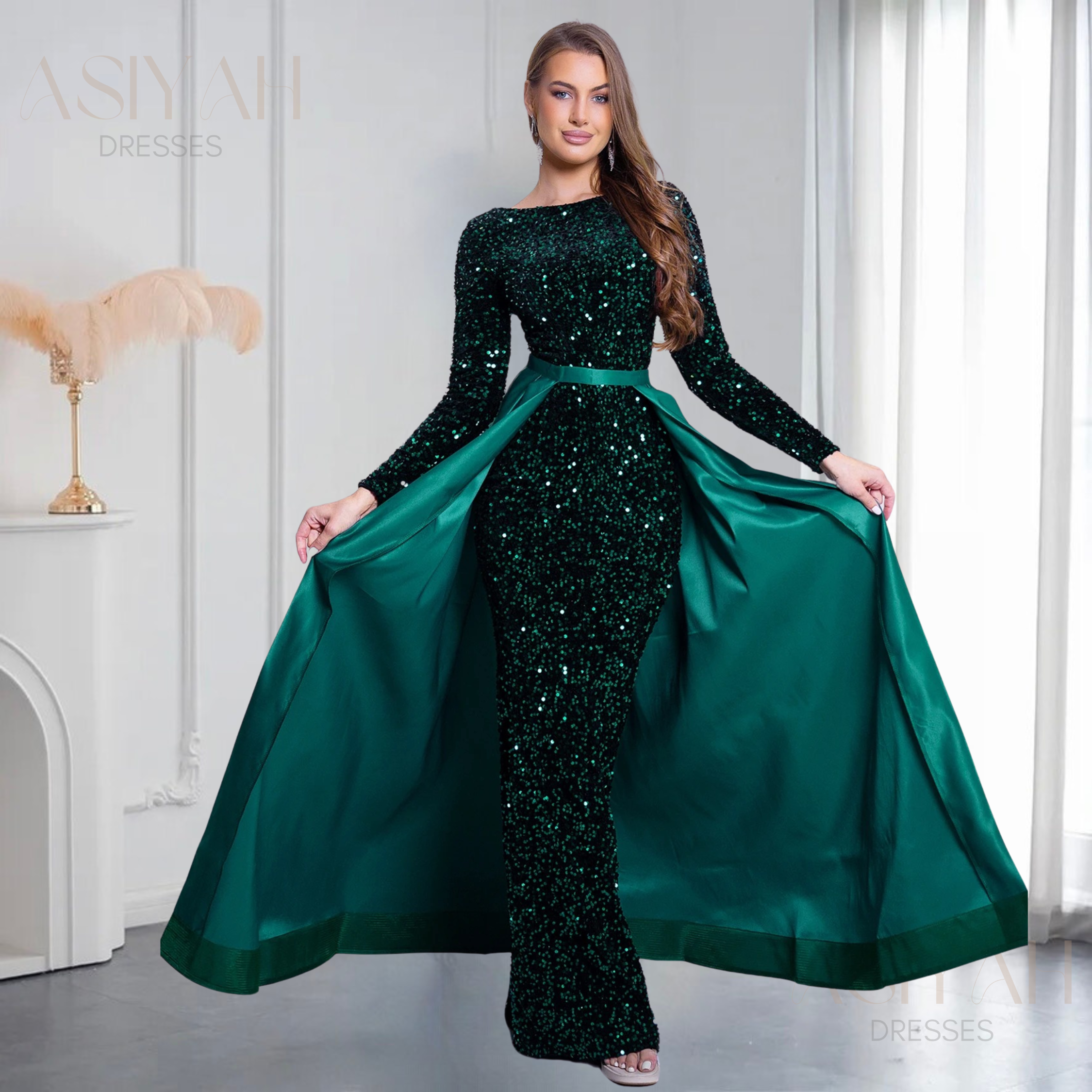 Sequin Embellished Gown With Detachable Skirt - Asiyah Dresses