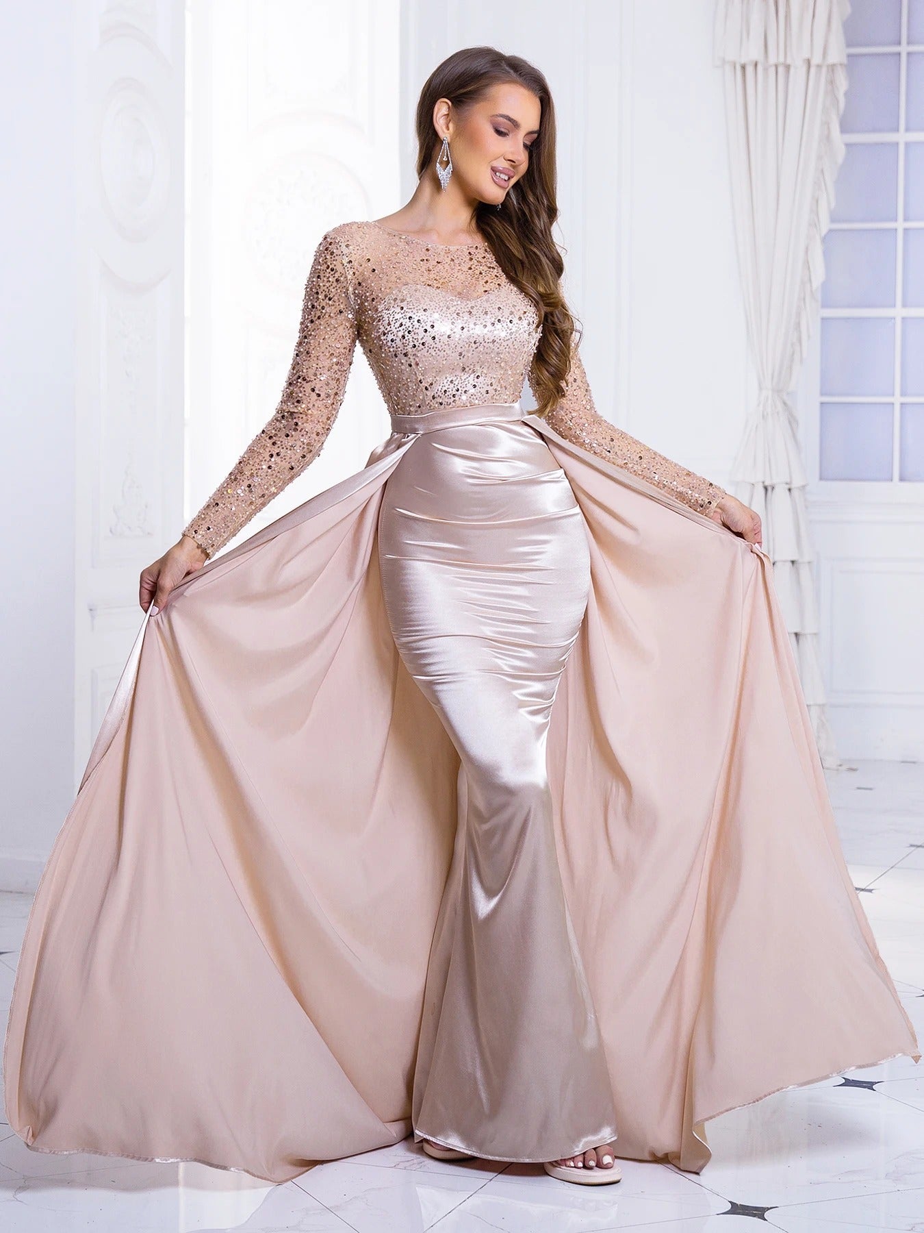 Sequin Embellished Gown With Detachable Skirt - Asiyah Dresses